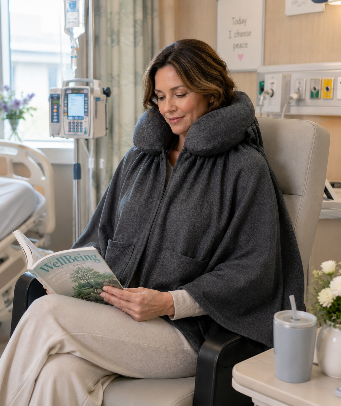 A woman reading in a hospital treatment chair, kept warm by Schneck