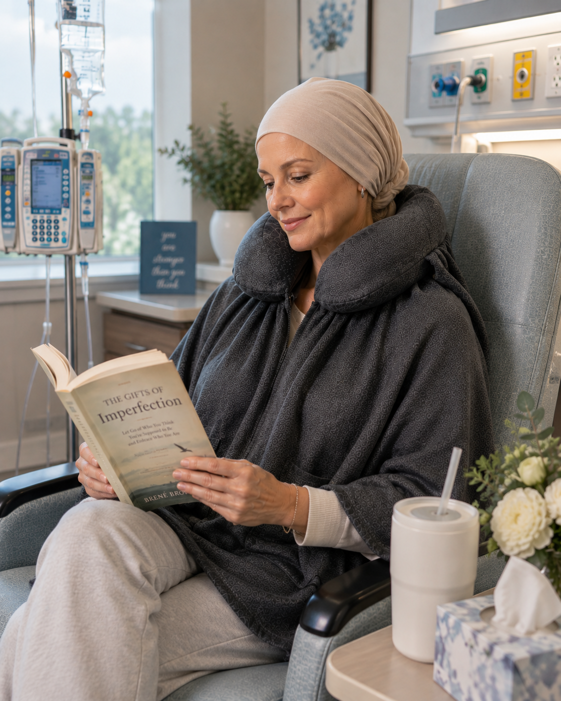A patient reading in a treatment chair, kept warm by Schneck during a long session