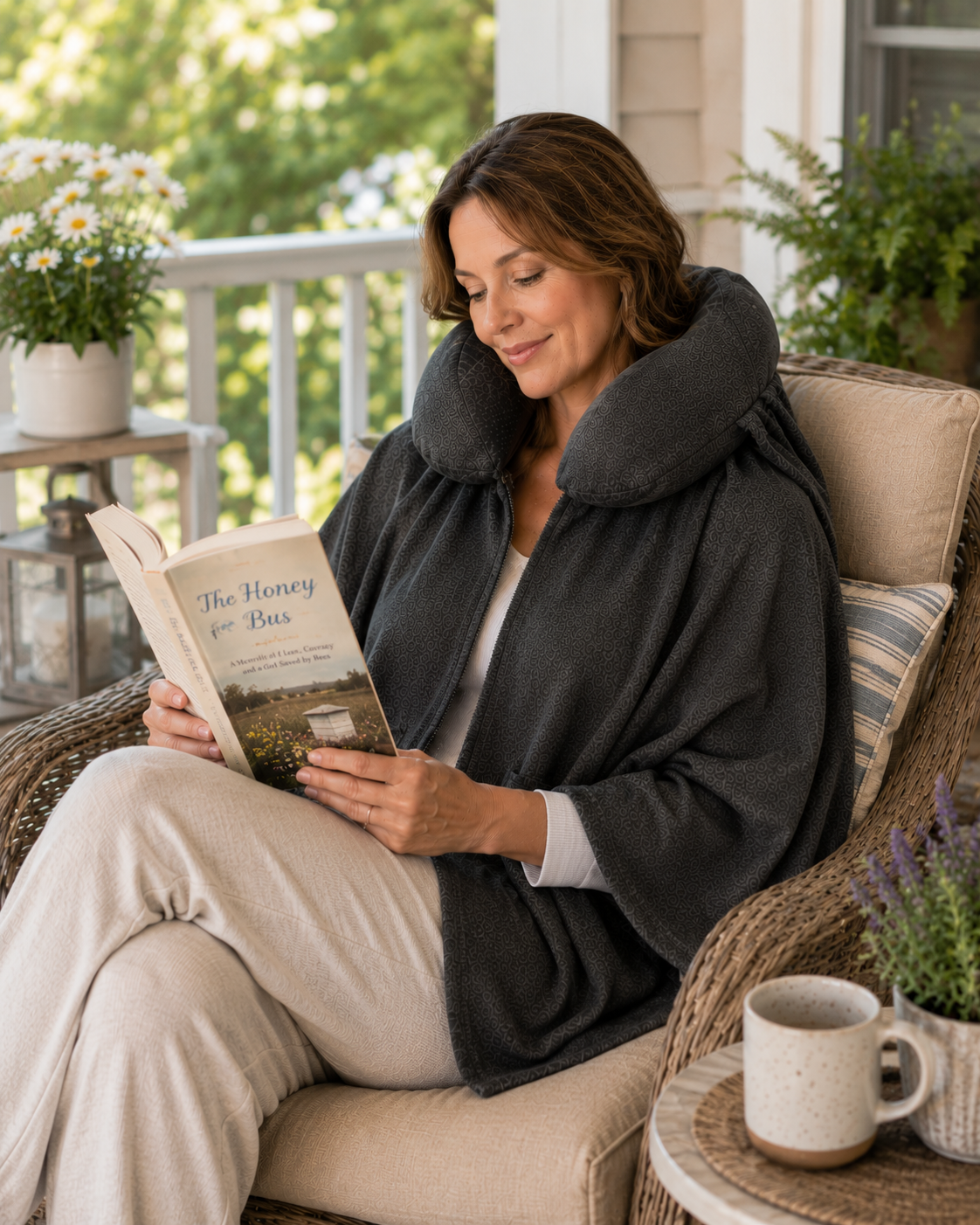 A woman reading on her porch with a warm mug beside her, wrapped in Schneck, an everyday moment of rest at home