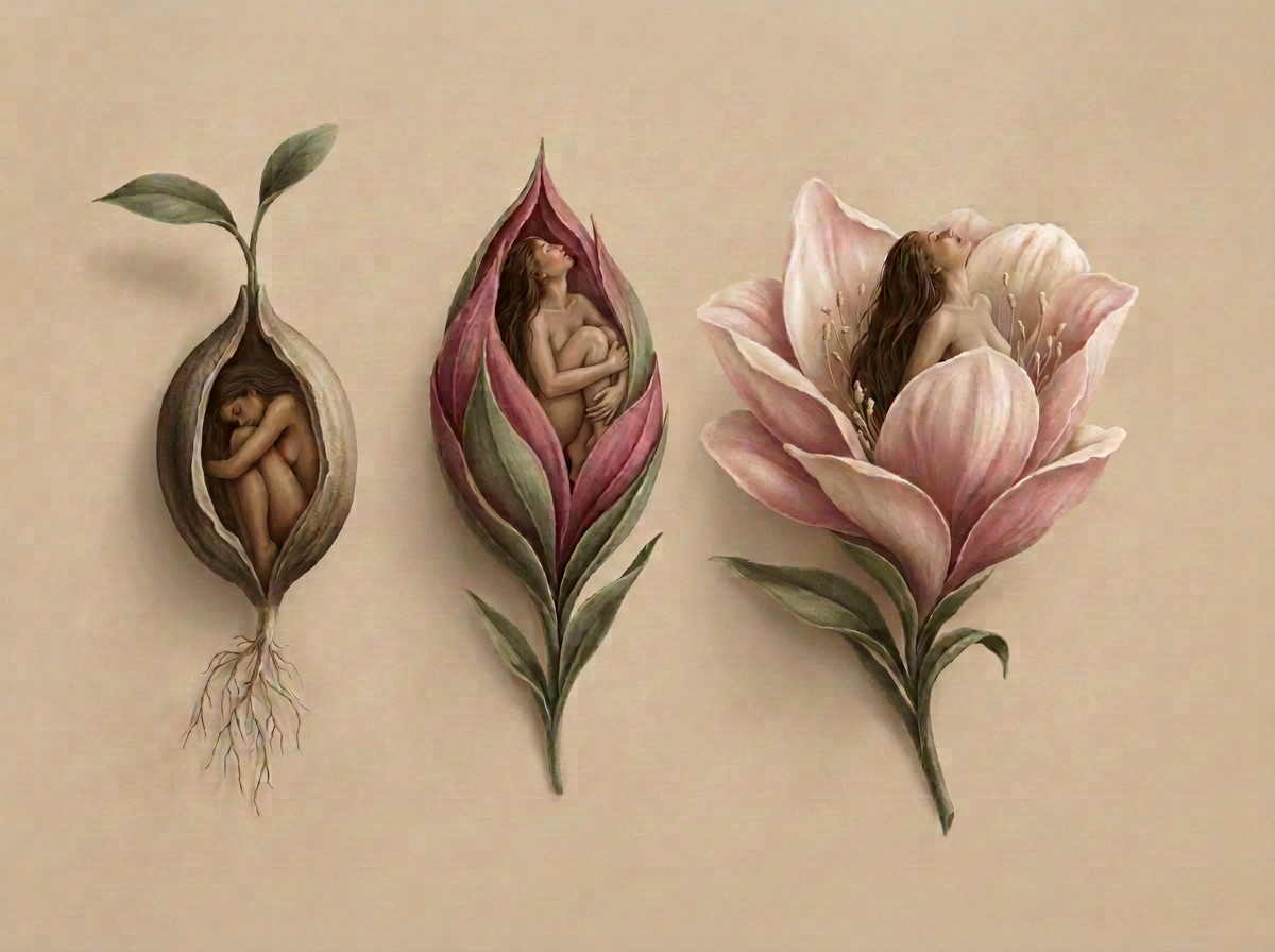 Illustration of a woman curled inside a seed, then inside a bud, then rising from an open flower