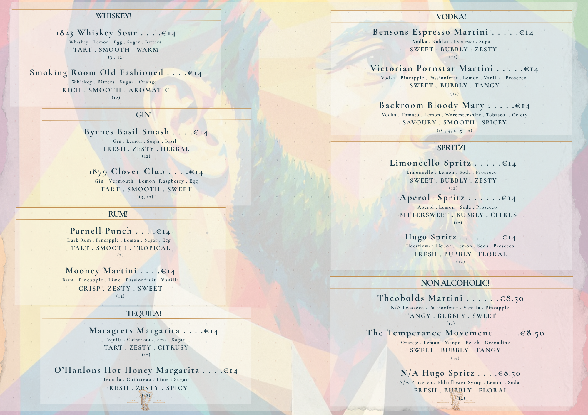 The Parnell Dublin Cocktail Menu — Inside spread