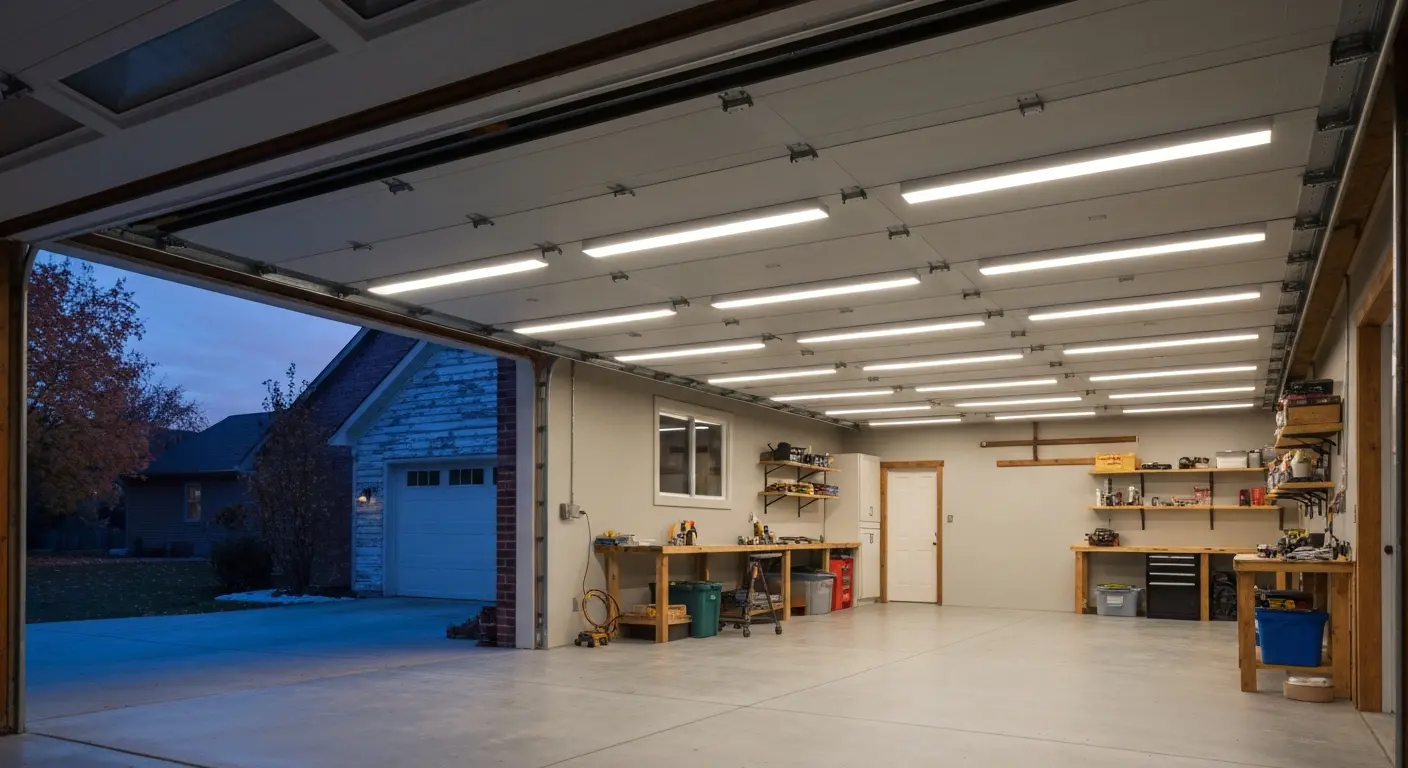 LED overhead garage lighting installation