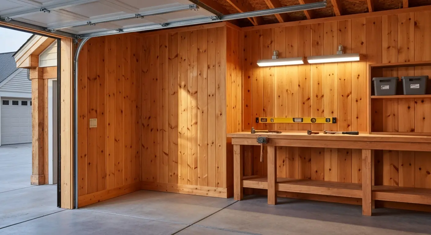 Knotty pine garage wall installation