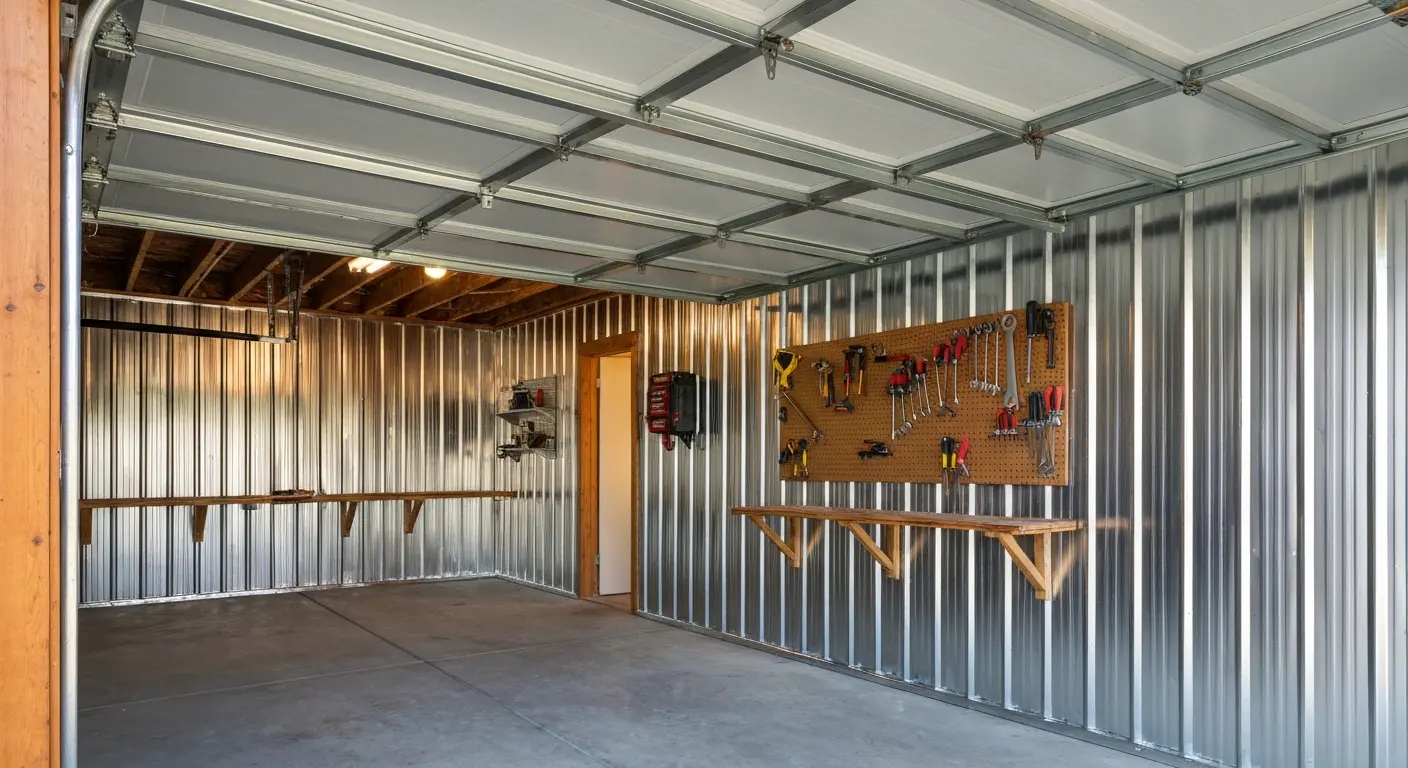 Tin wall metal paneling in Wisconsin garage