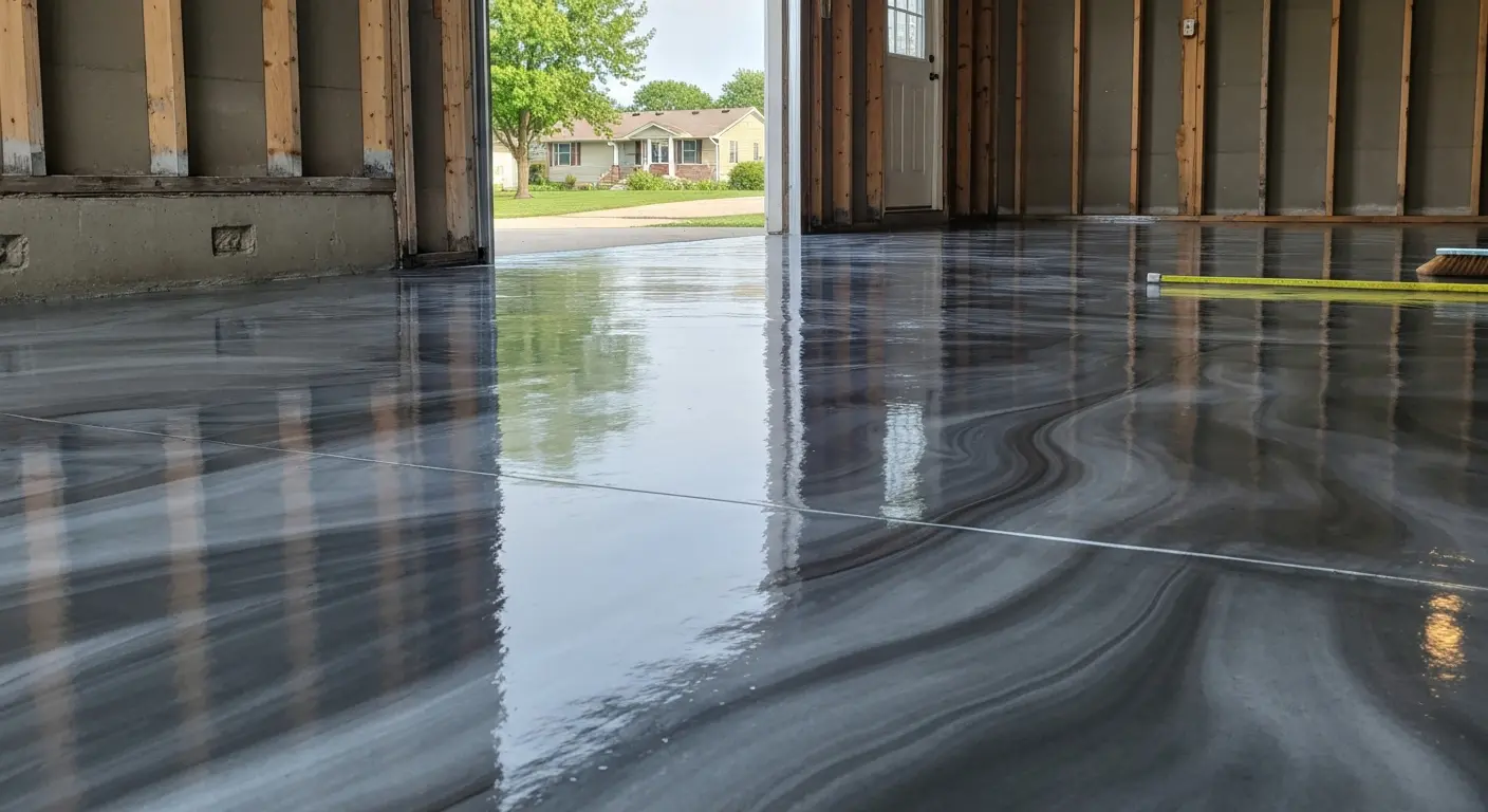 Completed garage floor with metallic epoxy finish