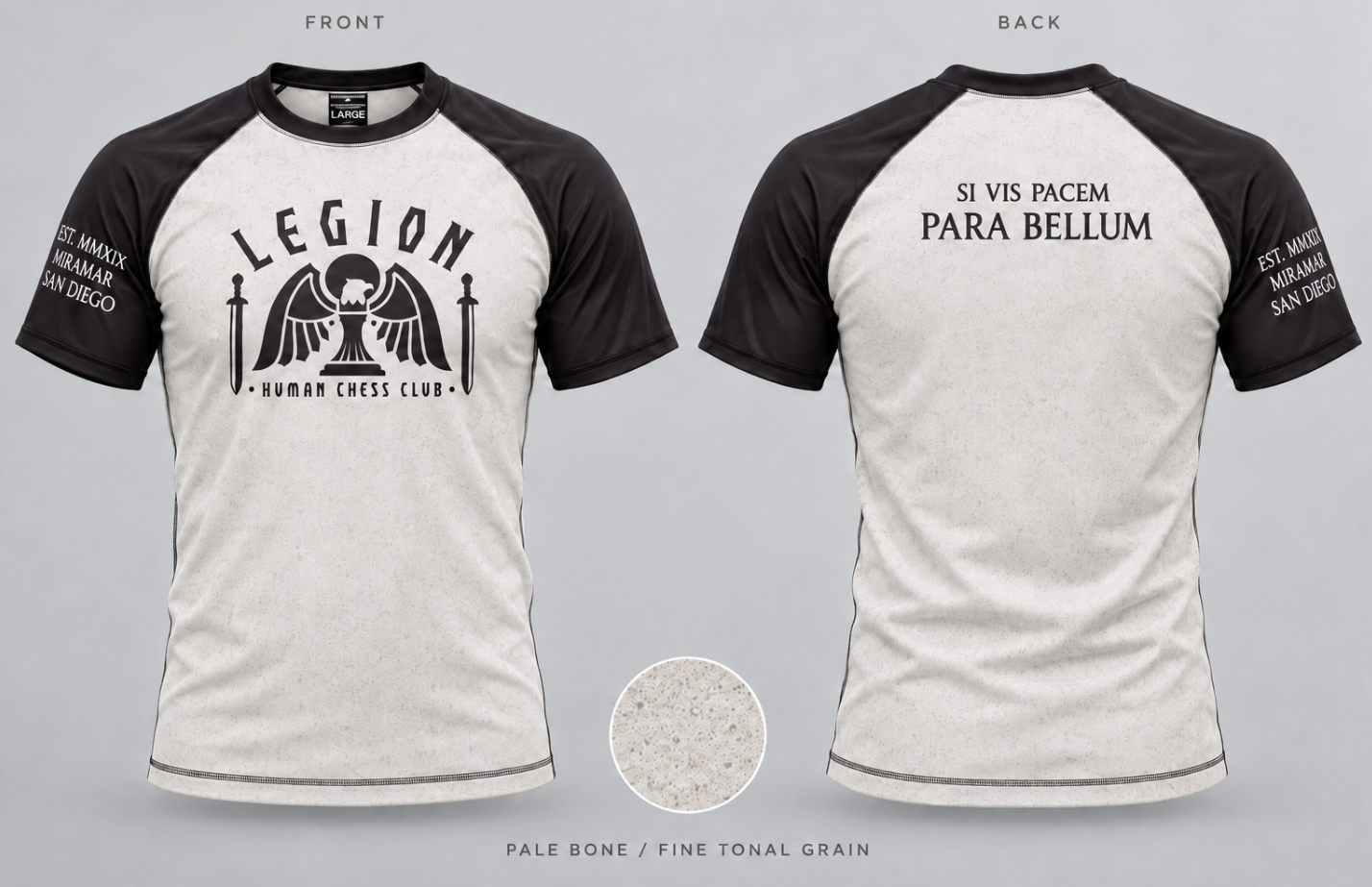 Human Chess Club rashguard, front and back, pale bone with black sleeves