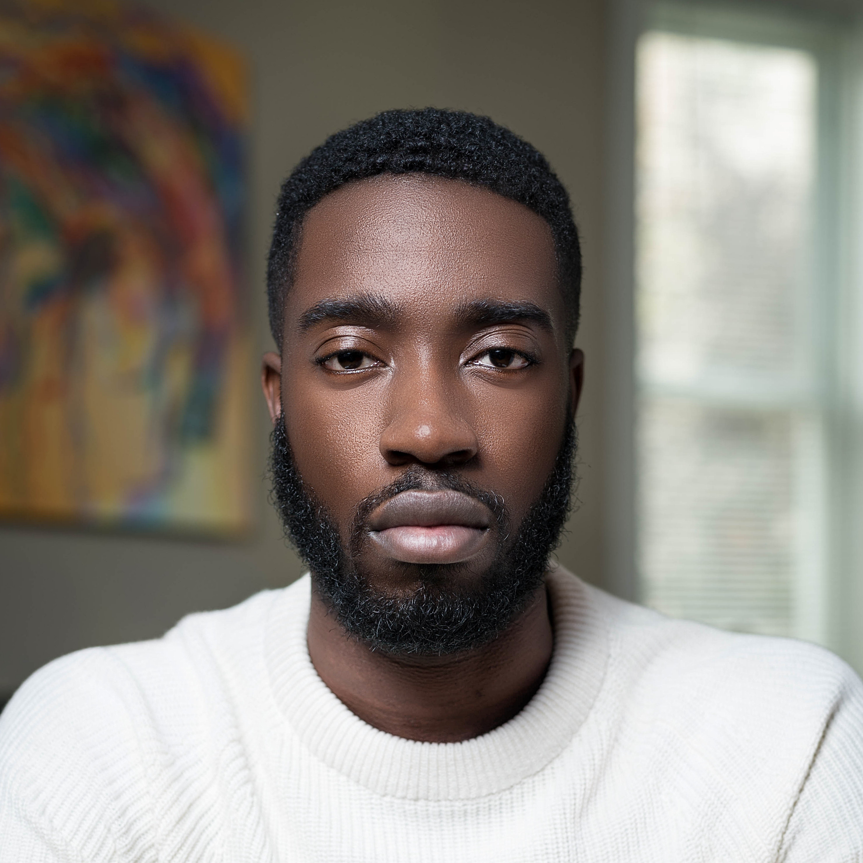 Man in a white sweater on a warm backdrop
