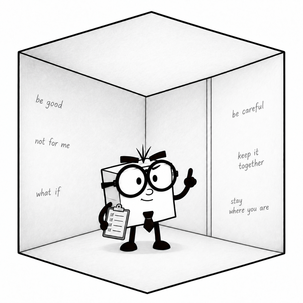 Cubert faces you from inside a large three-dimensional Box, pointing to walls carrying familiar rules: be good, be careful, not for me, keep it together and stay where you are.
