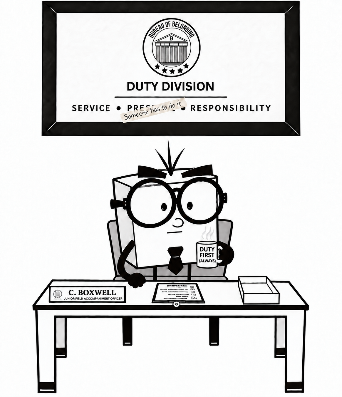Cubert Boxwell at his Duty Division desk in the Bureau of Belonging