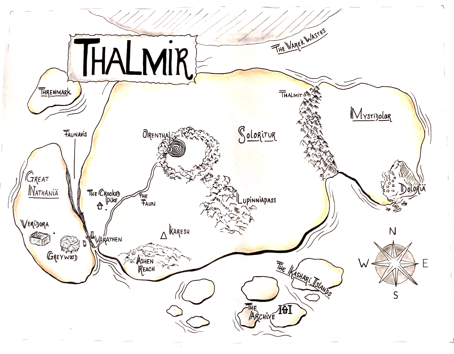 Hand-drawn map of Thalmir by Laudy Miedema