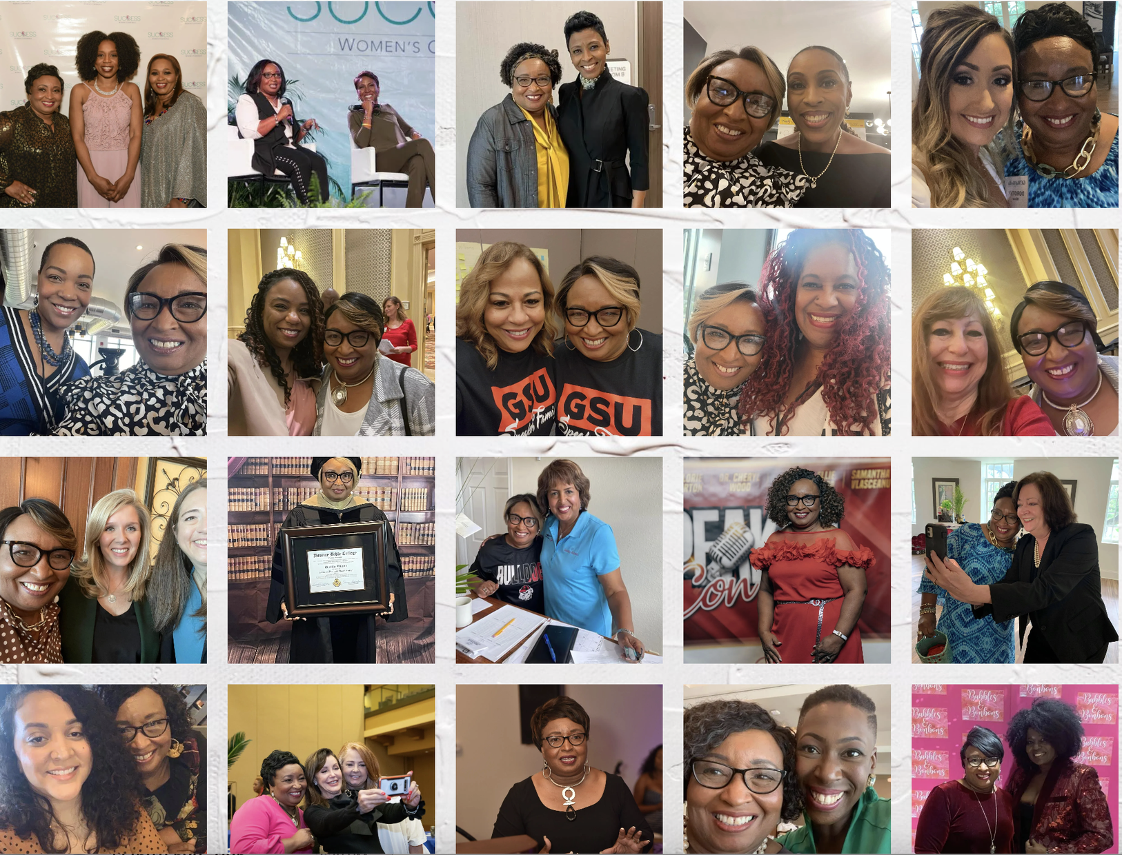 Photo collage of Dr. Dorothy P. Wilson with women, collaborators and community leaders at conferences and events