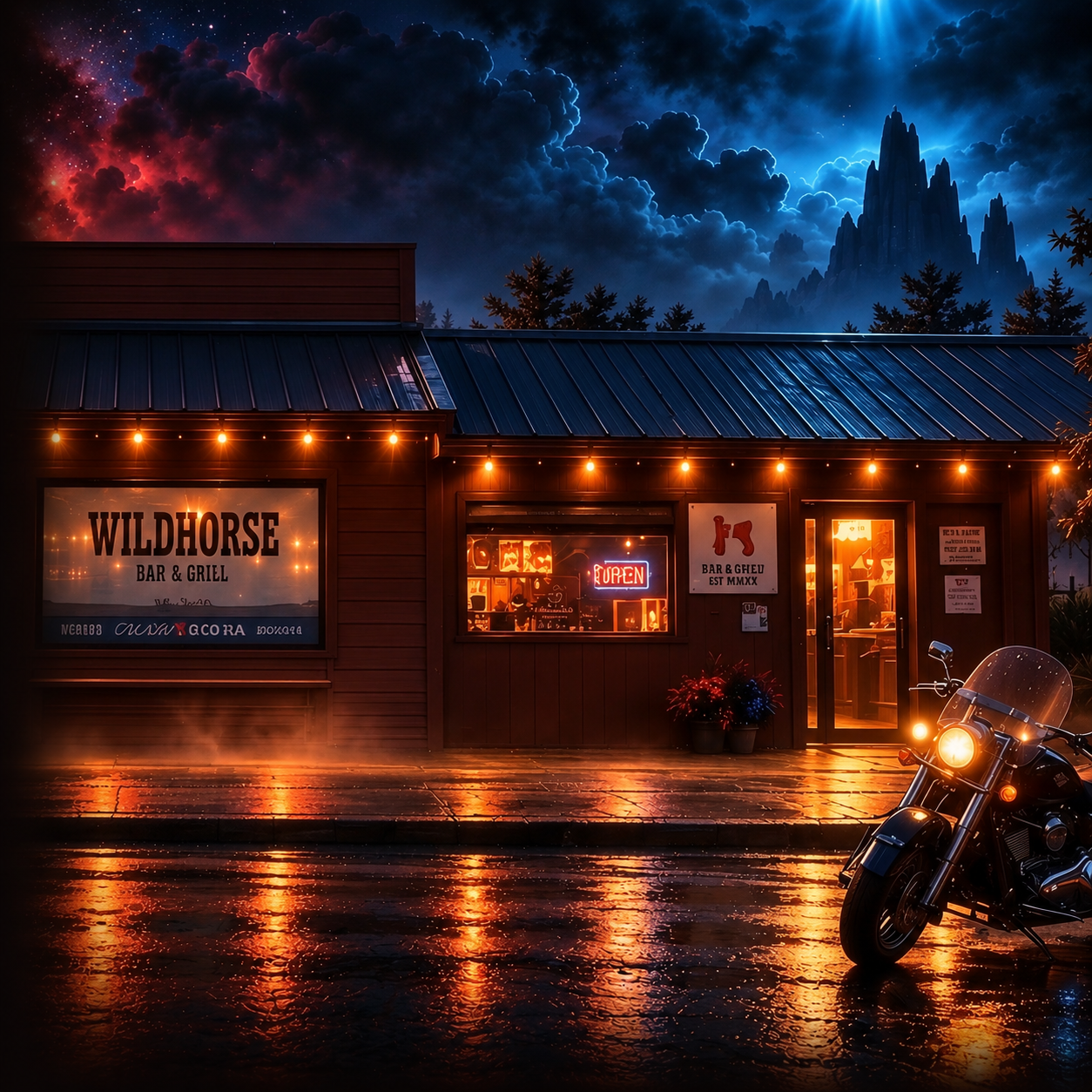 Wildhorse Bar & Grill at night beneath an ominous blue-lit sky.