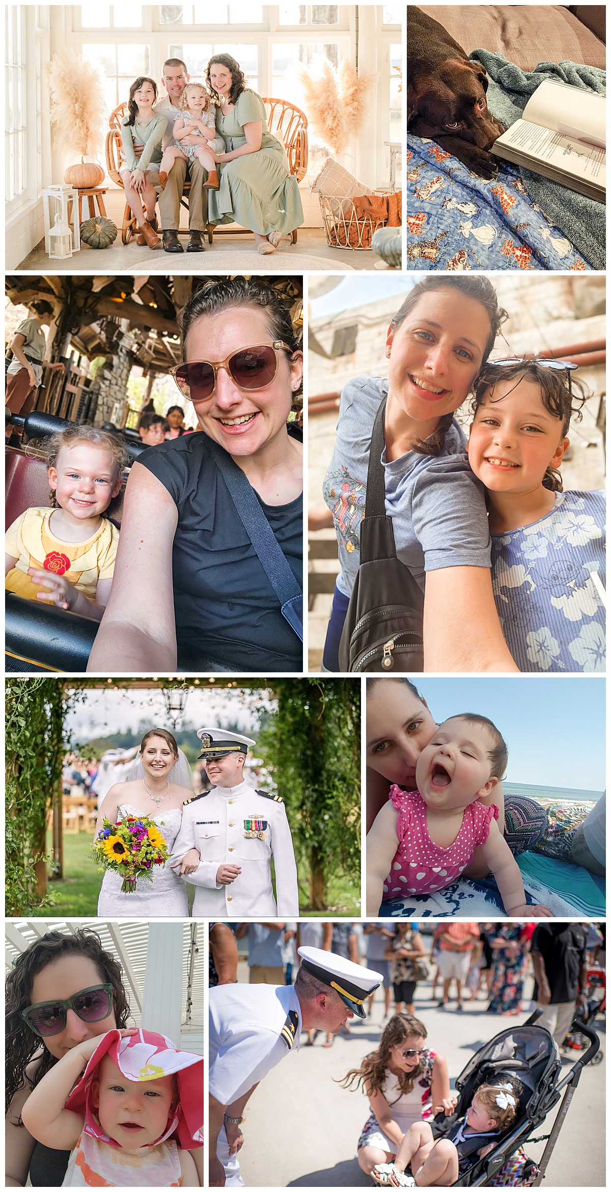 Collage of images showing Justine and her family, including her two young daughters and her husband.