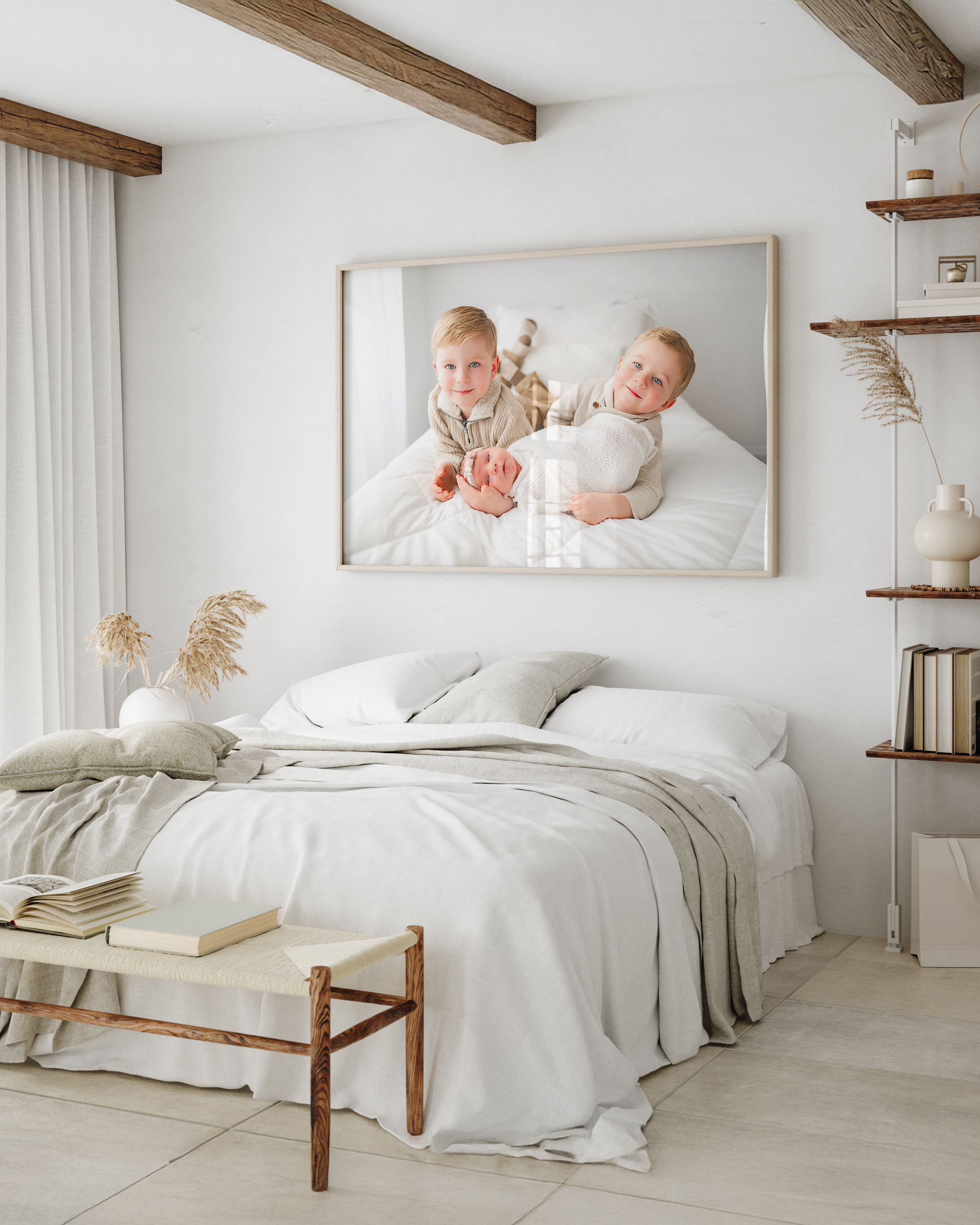 A mockup of a large framed wall print, featuring children in a white studio.