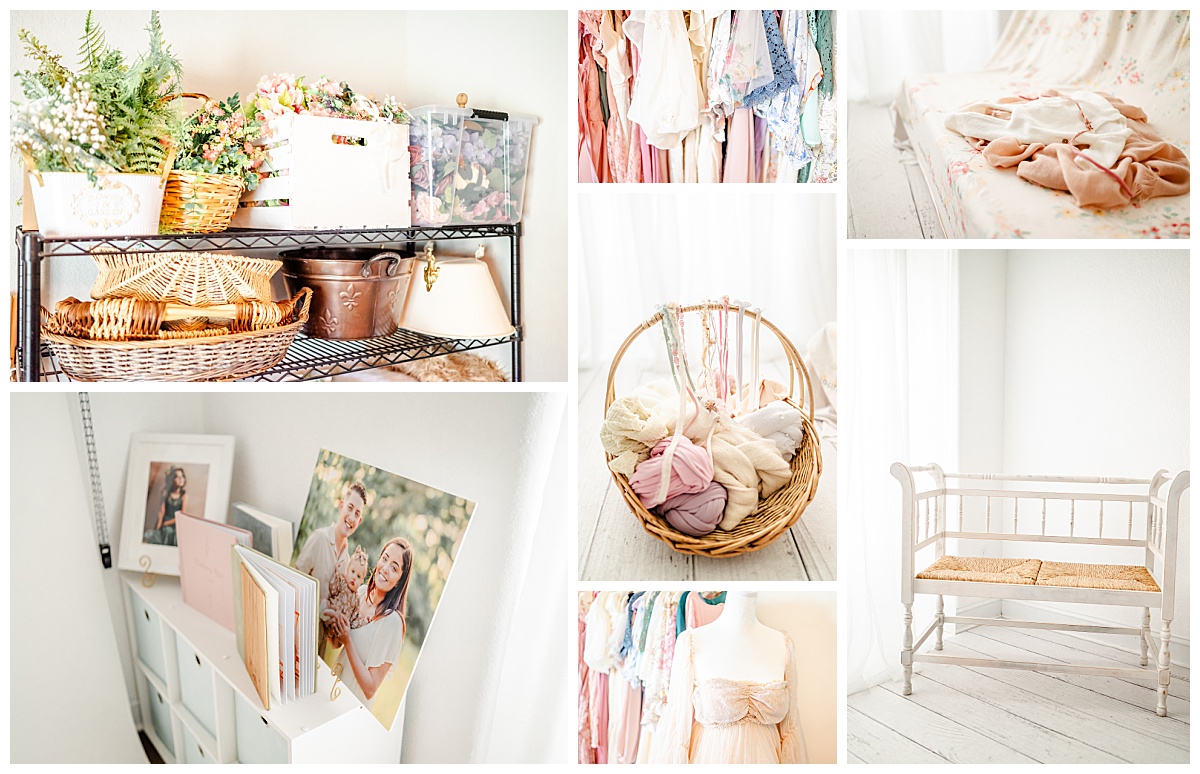 A collage of images featuring the light and bright Hampton Roads photography studio belonging to Justine Renee Photography. There are images of the space, products and props available, and the client closet.