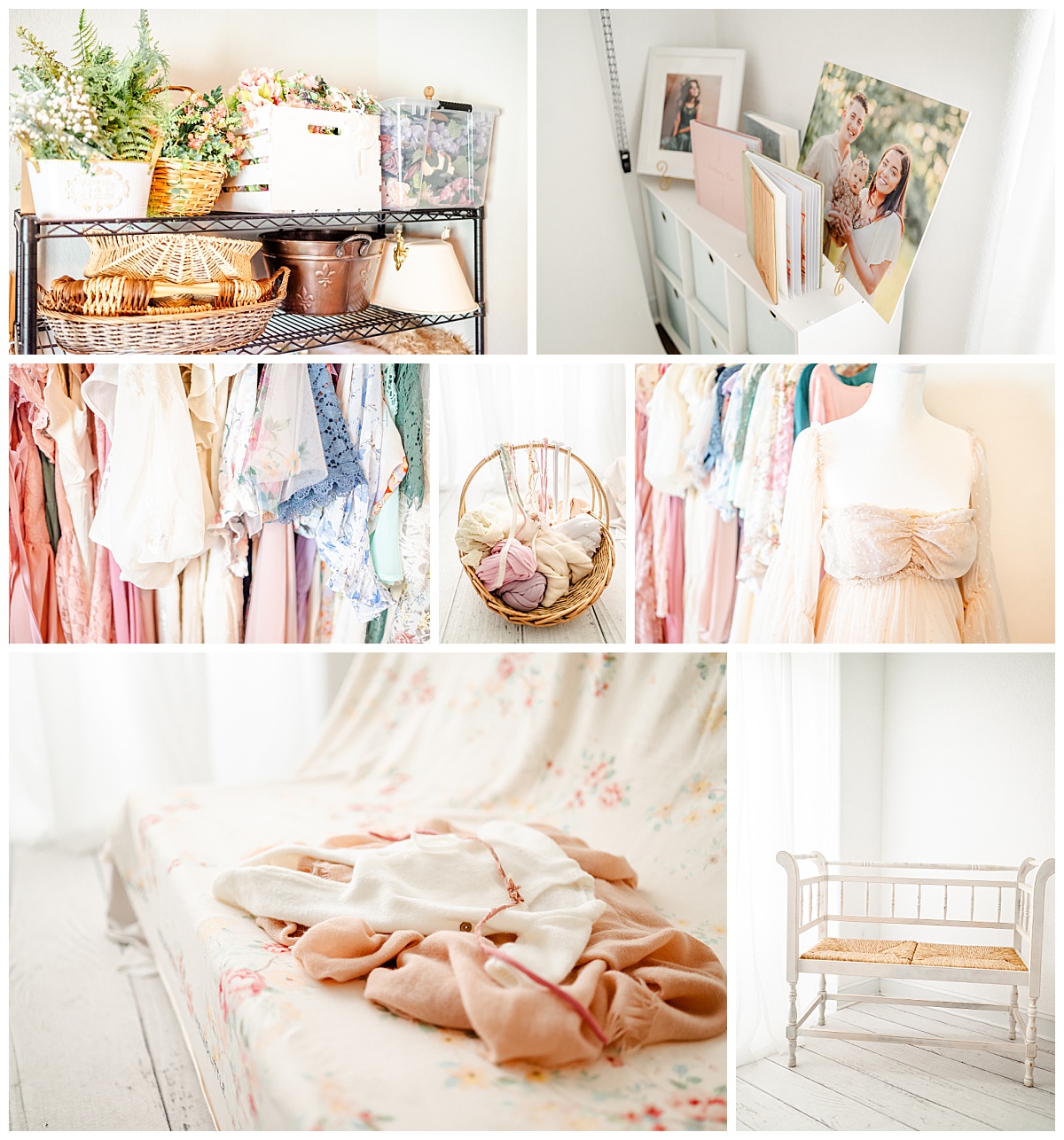 A collage of images featuring Justine Renee Photography's residential studio. The images feature the bright white studio space, newborn photography props, printed products and the available client closet.