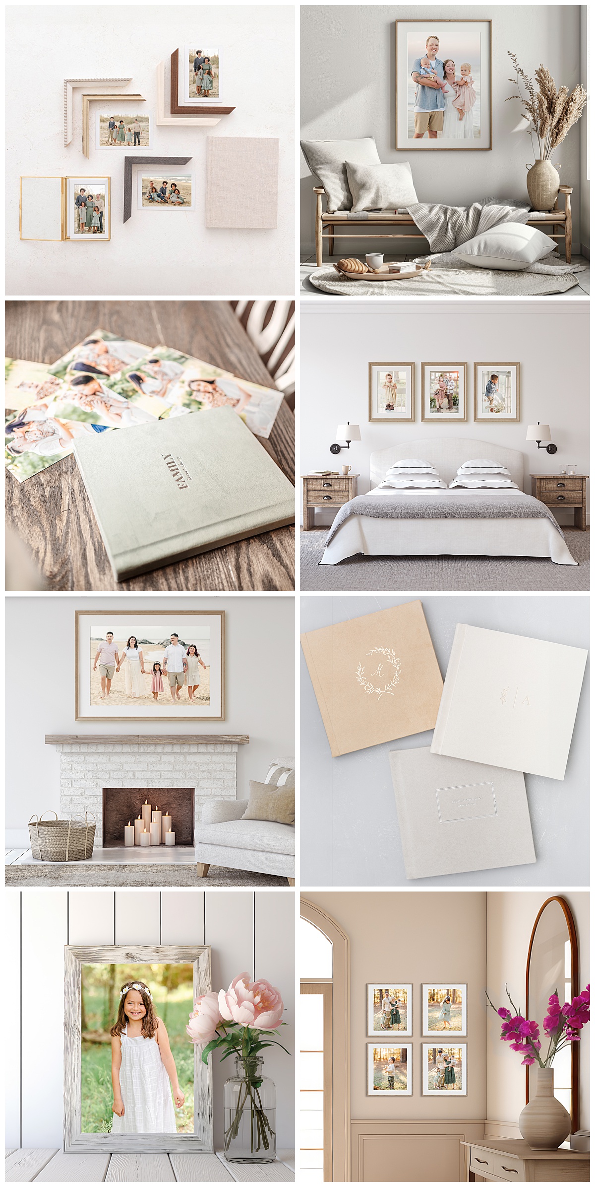 A collage of images showing pictures from family sessions printed and framed, or in heirloom albums.