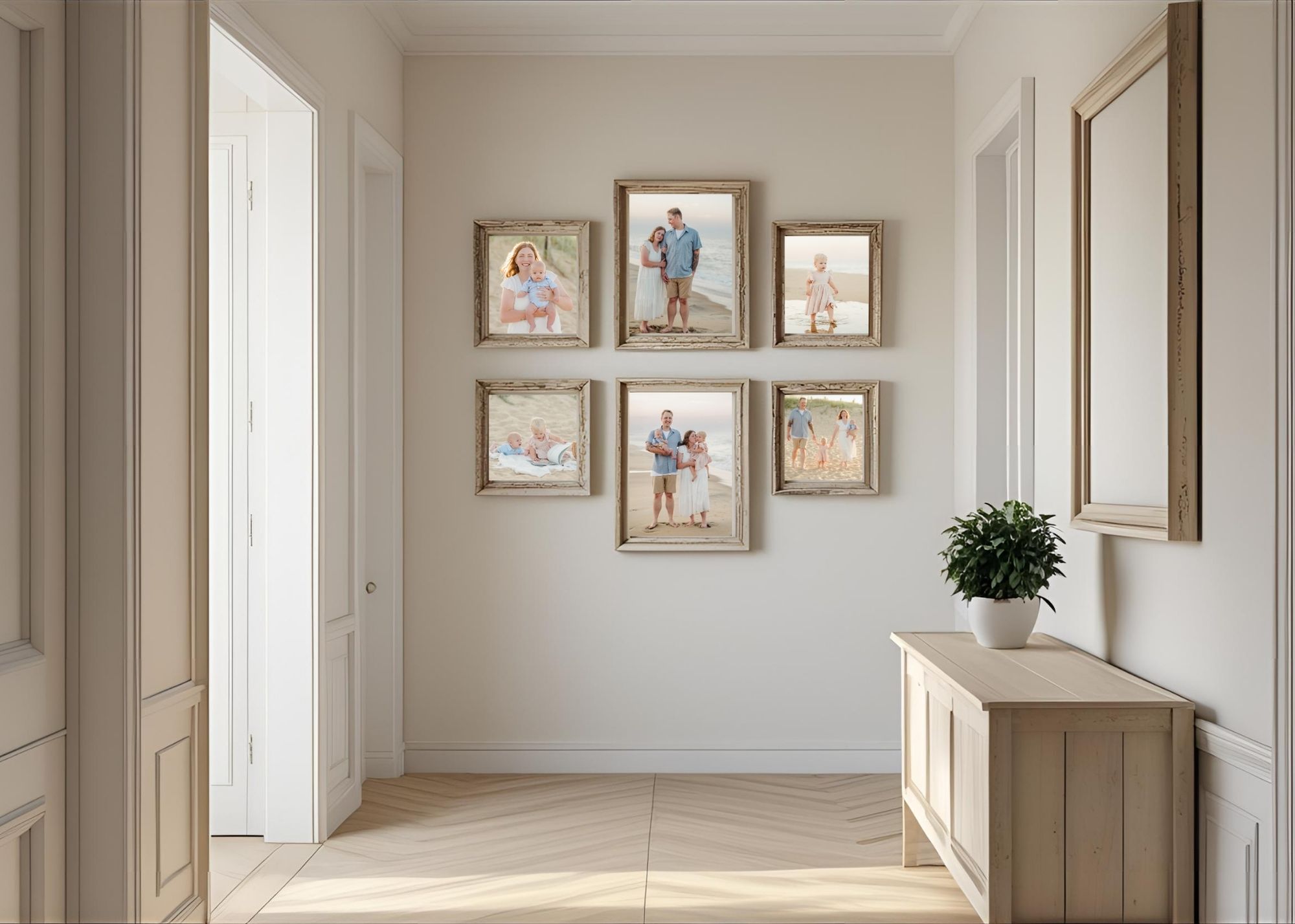 A collage of family photos hangs on the wall at the end of a hallway. There are doors leading to other rooms and a table with plant on it against the side wall.