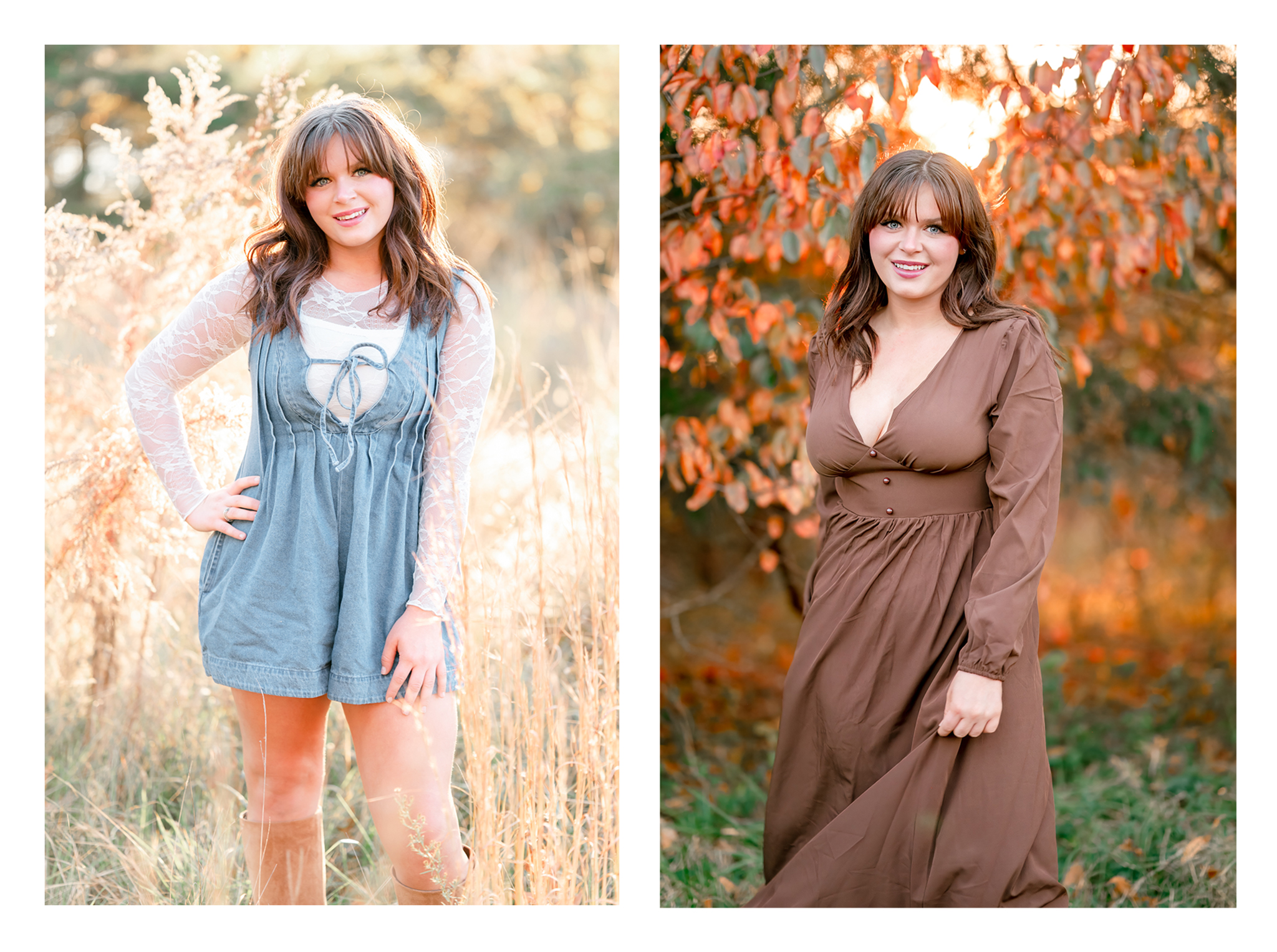 Two images from a senior Session at Bells Mill Park in Chesapeake. In the first, the senior wears a denim romper and stands in a grassy field. In the second she wears a brown dress in front of a tree with orange leaves and the sun shining through. Two images from a senior Session at Bells Mill Park in Chesapeake. In the first, the senior wears a denim romper and stands in a grassy field. In the second she wears a brown dress in front of a tree with orange leaves and the sun shining through.