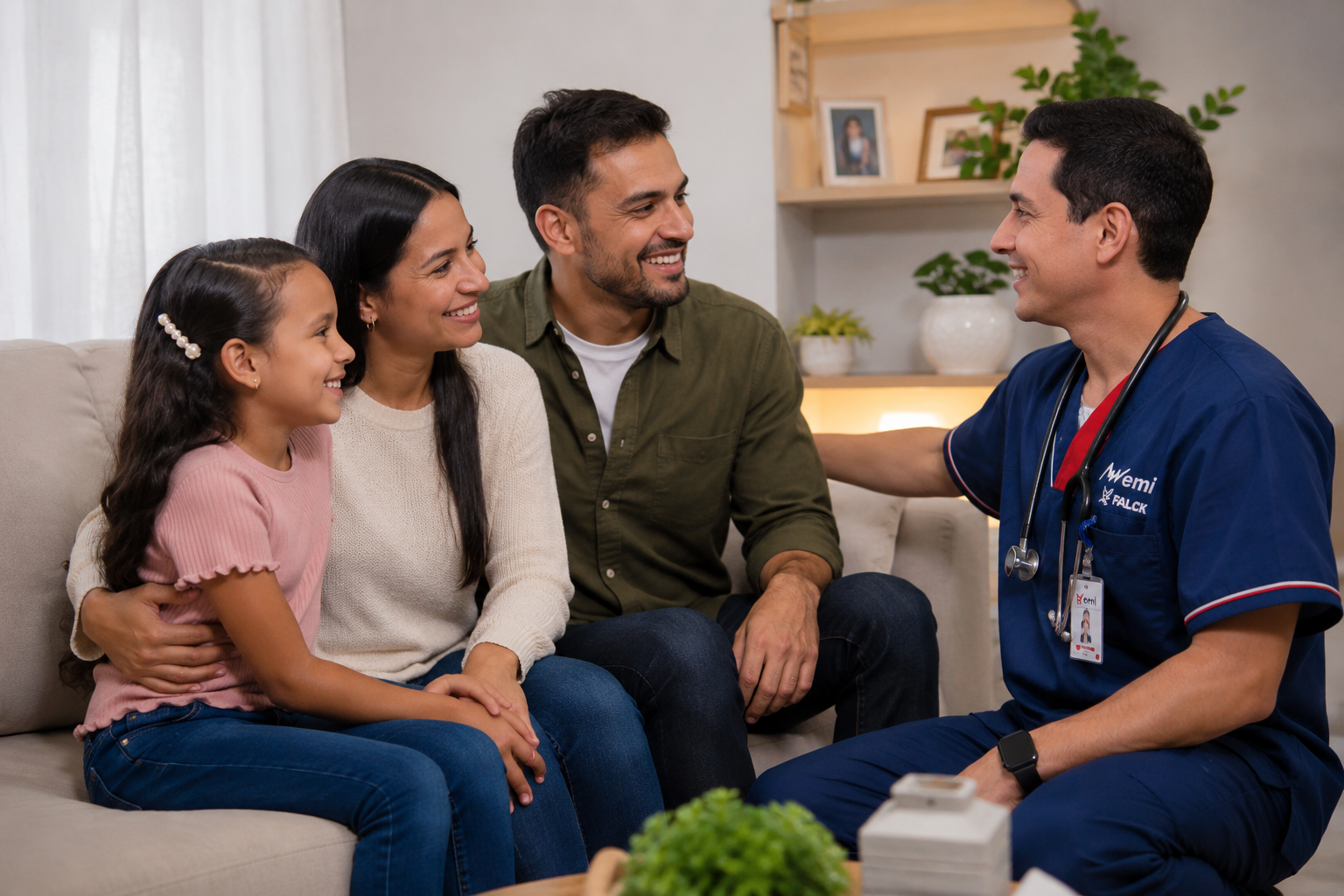 Médico atendiendo a una familia colombiana en la sala de su casa