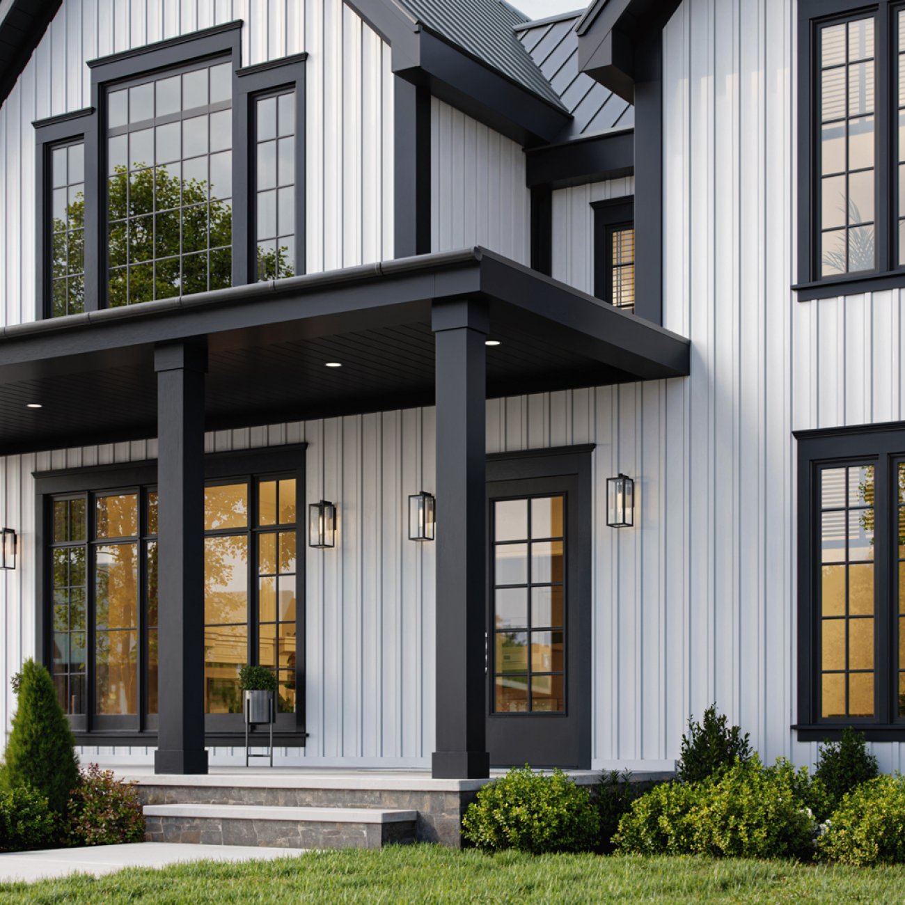 Board and batten siding farmhouse style exterior in Moline Illinois