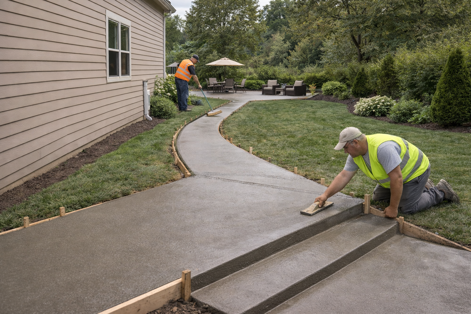 Backyard concrete access path installation for a home in Rock Island Illinois