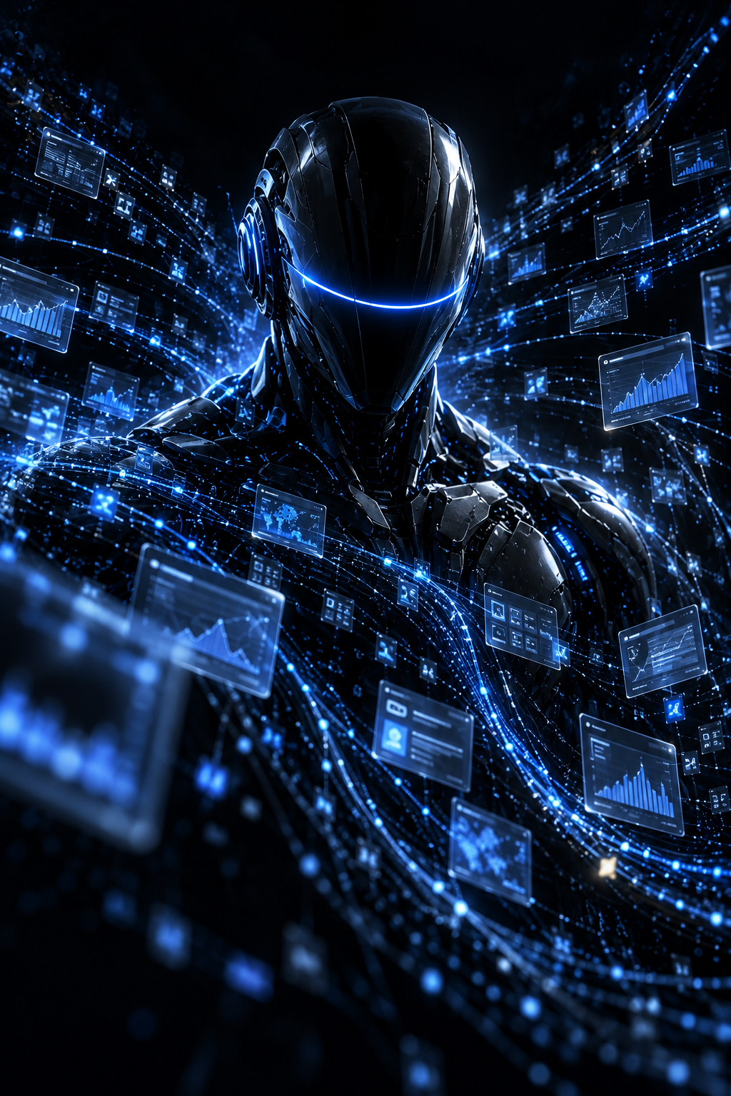 A dark machine figure surrounded by streams of ad data