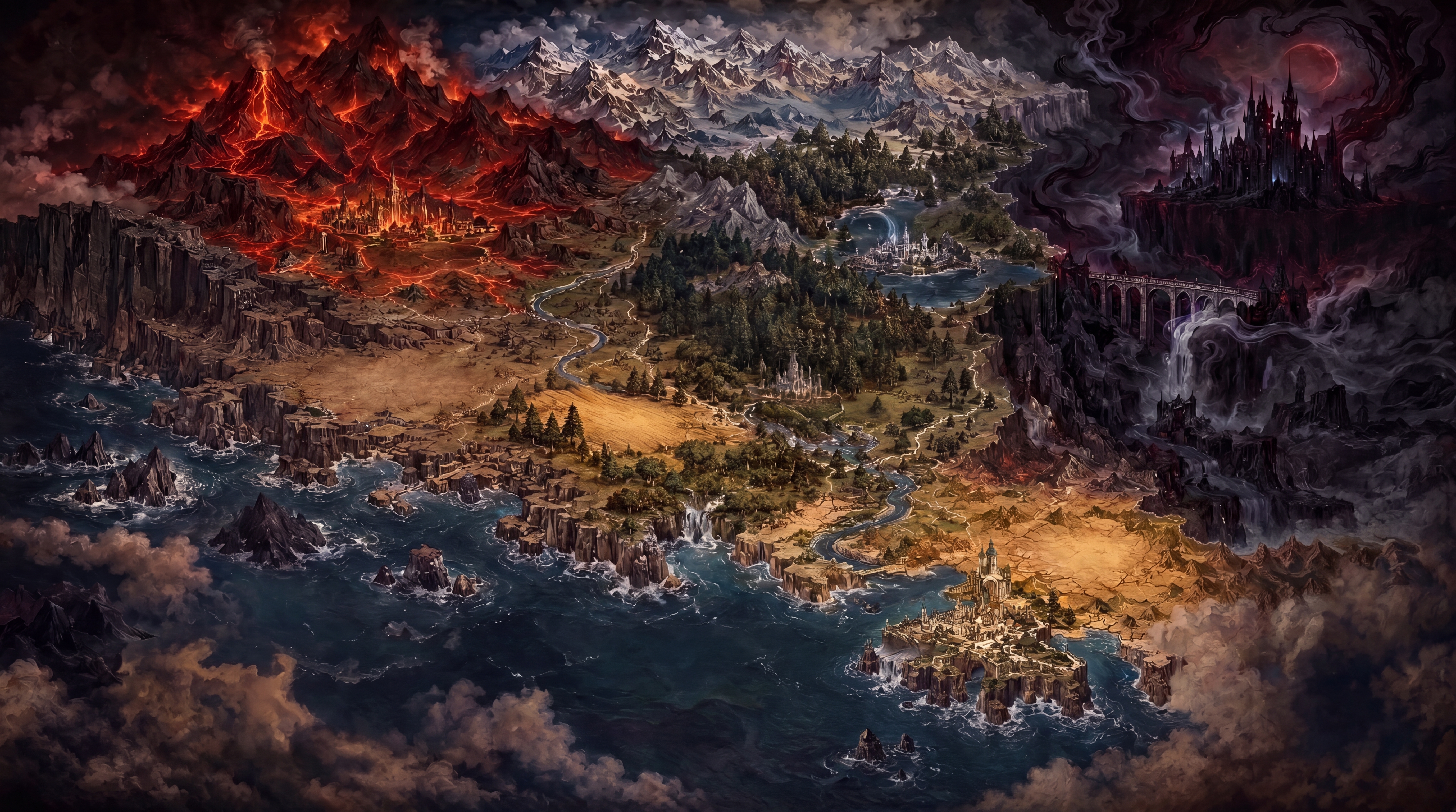 Sylverris: volcanic mountains to the west, snowy northern peaks, central forests and rivers, Shadowmoor to the east, and the southern sea.