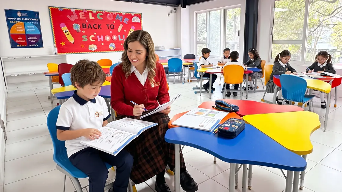 Maestra con un alumno de primaria en clase de inglés