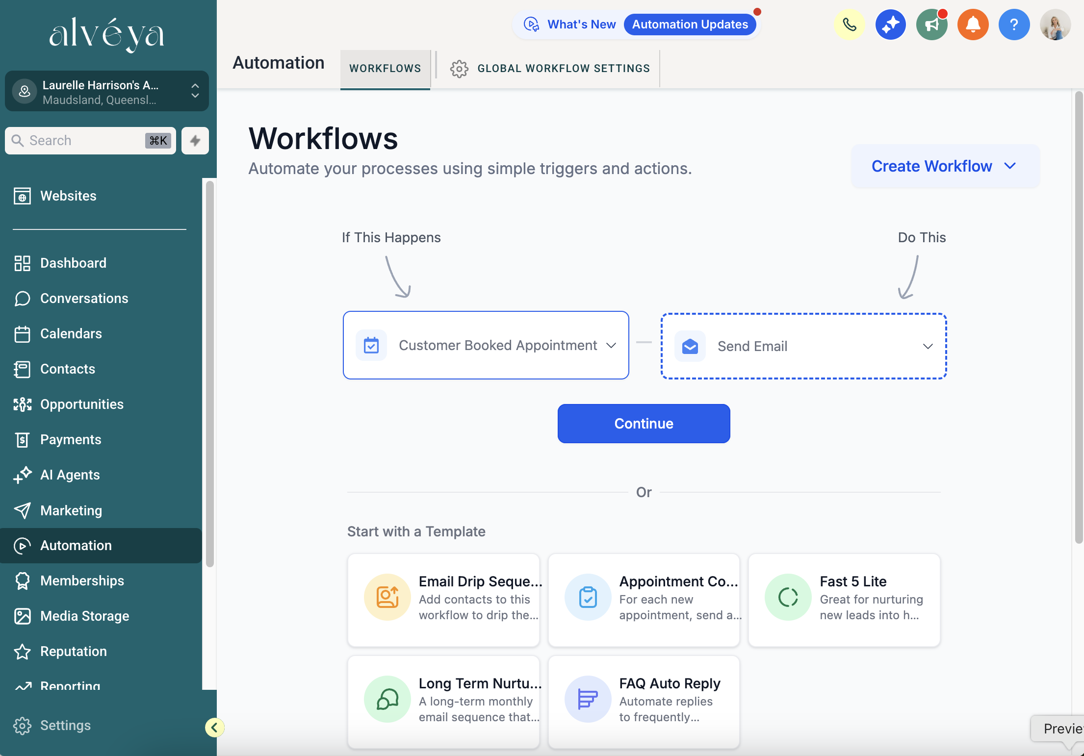 Alveya automation workflow connecting a booked appointment to a follow-up email
