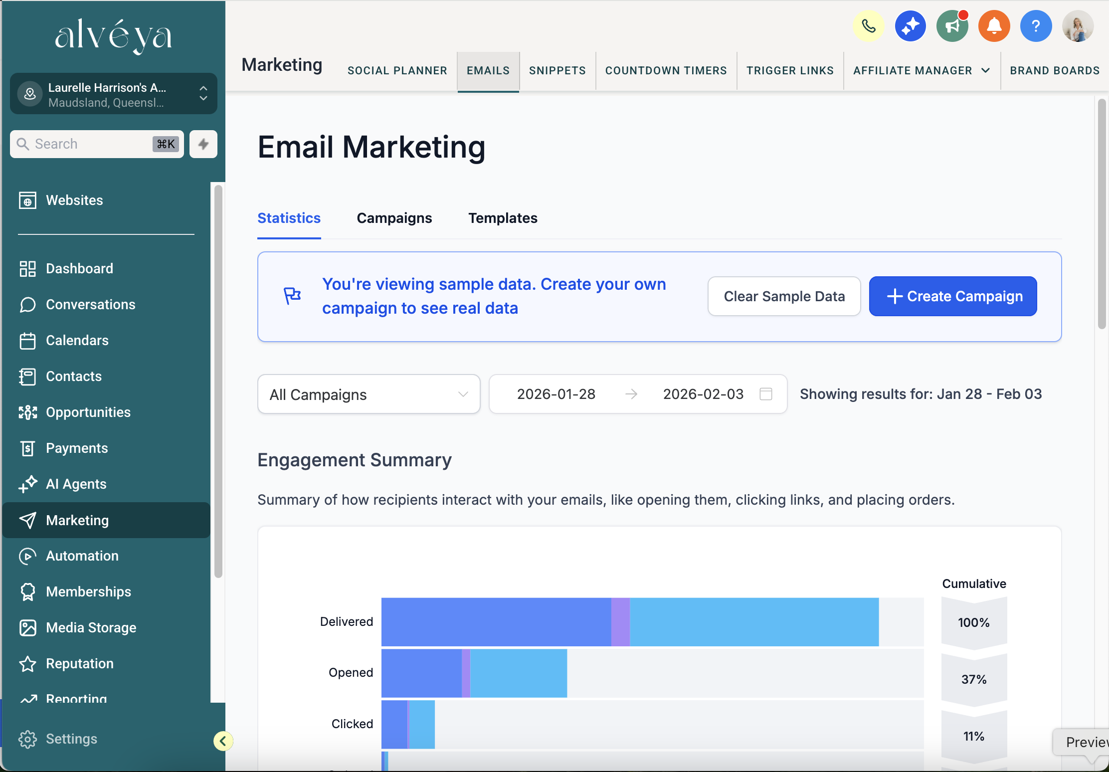 Alveya email marketing statistics showing campaign engagement