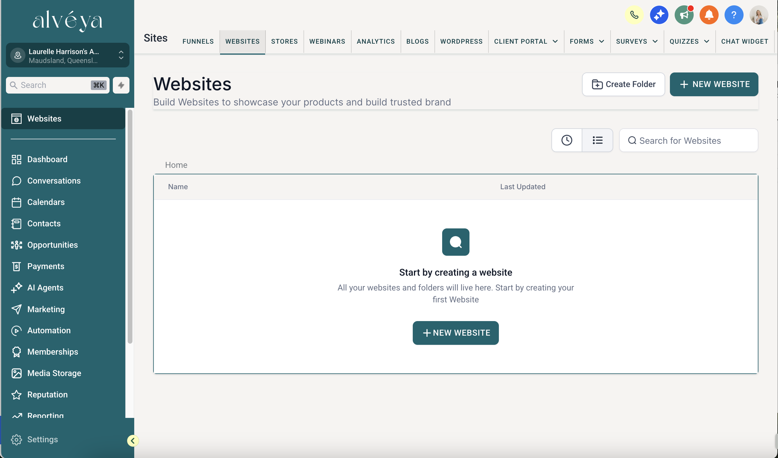 Alveya website builder listing a practitioner's websites