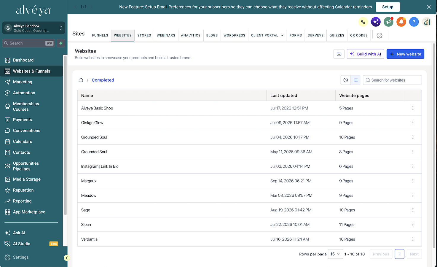 Alvéya website builder listing the websites in a practitioner account