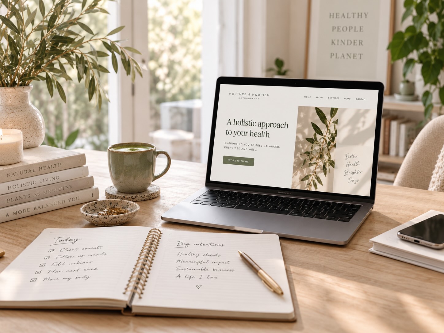 A calm practitioner workspace with a notebook and laptop