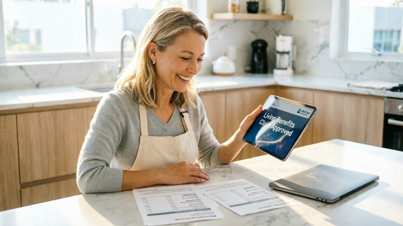 Smiling American woman holding tablet showing approved living benefits. Smiling American woman holding tablet showing approved living benefits.