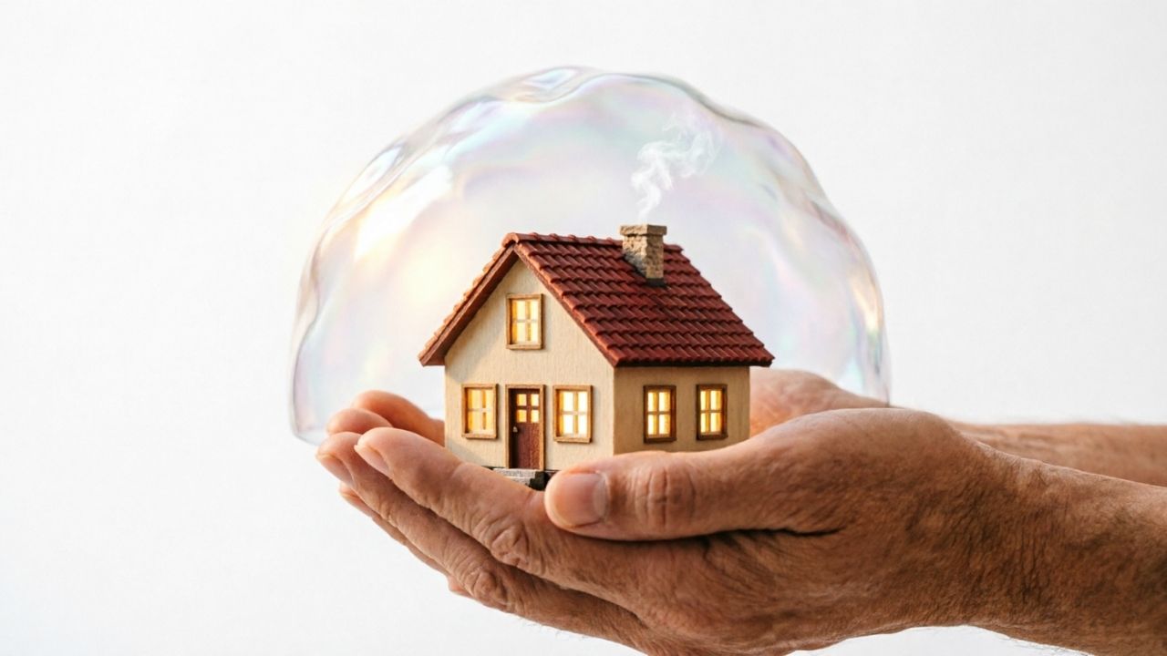 Hands holding a house protected by a clear bubble.