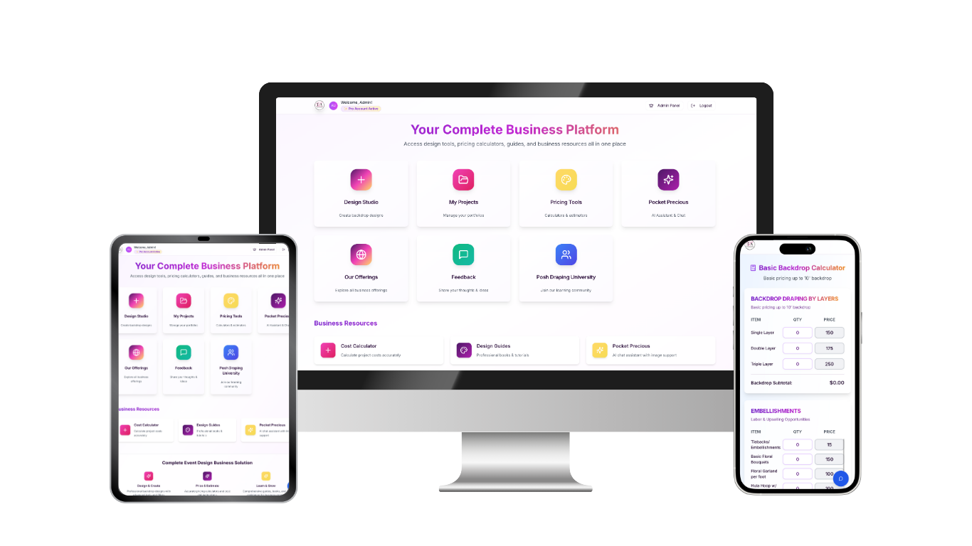 Laptop mockup showing Posh Design Studio dashboard