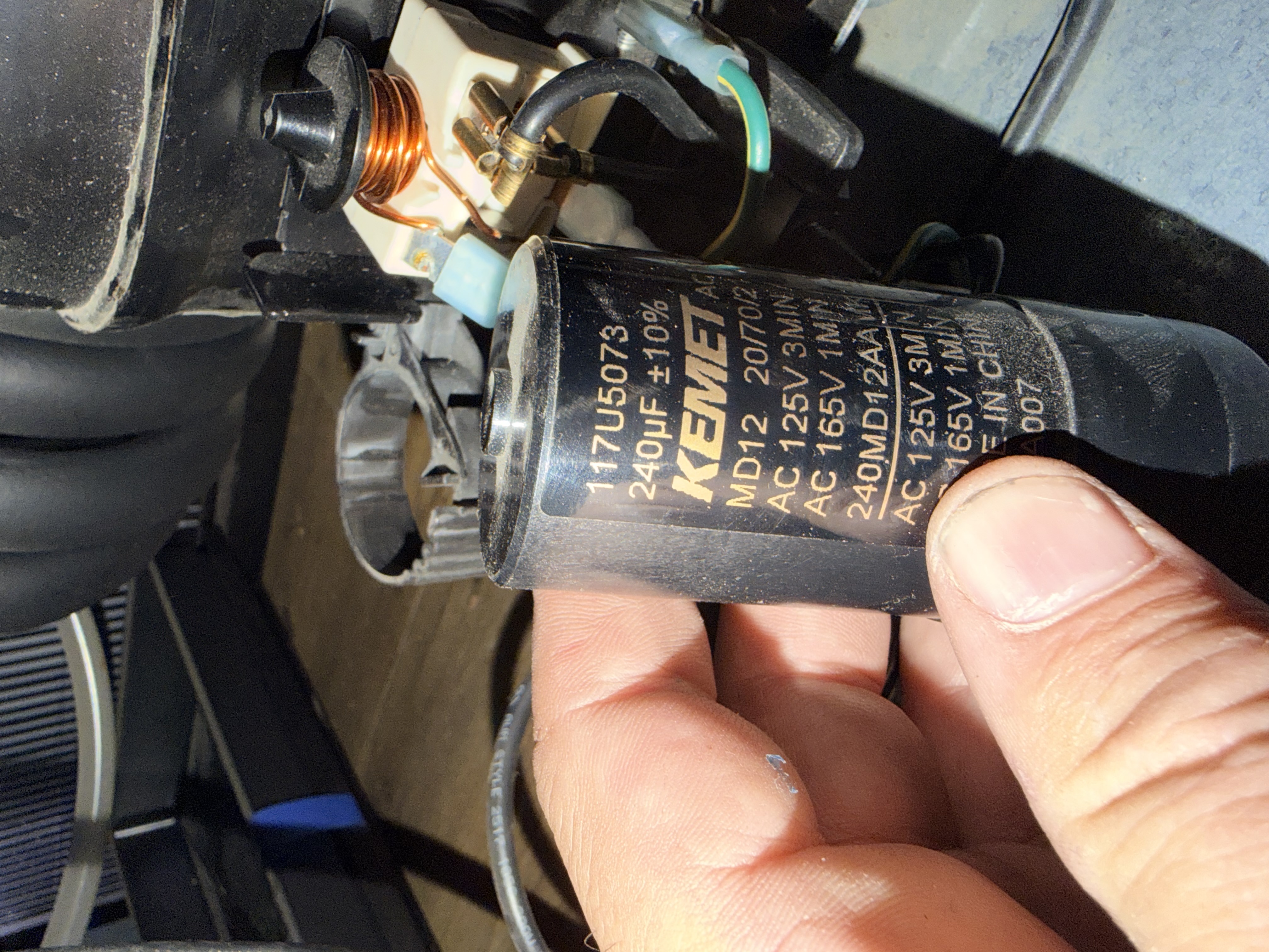 KEMET start capacitor removed and tested next to contactor — commercial refrigeration diagnostic process, S.I. Service Group North Mississippi