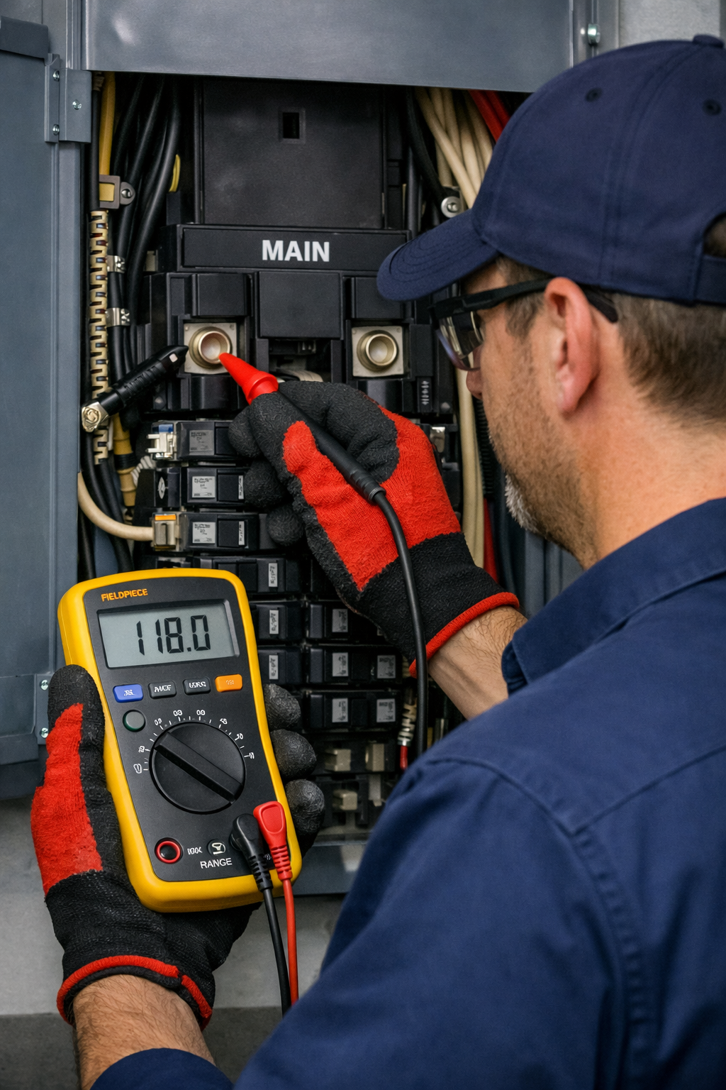 tech testing voltage on breaker panel - S.I. Service Group