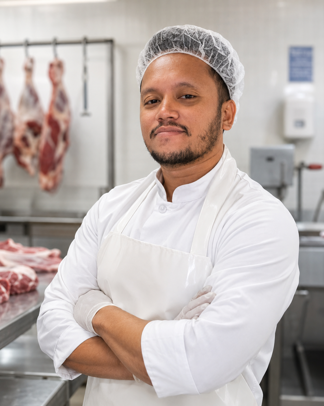 Jason D. Capoy wearing butcher uniform in a meat processing workplace