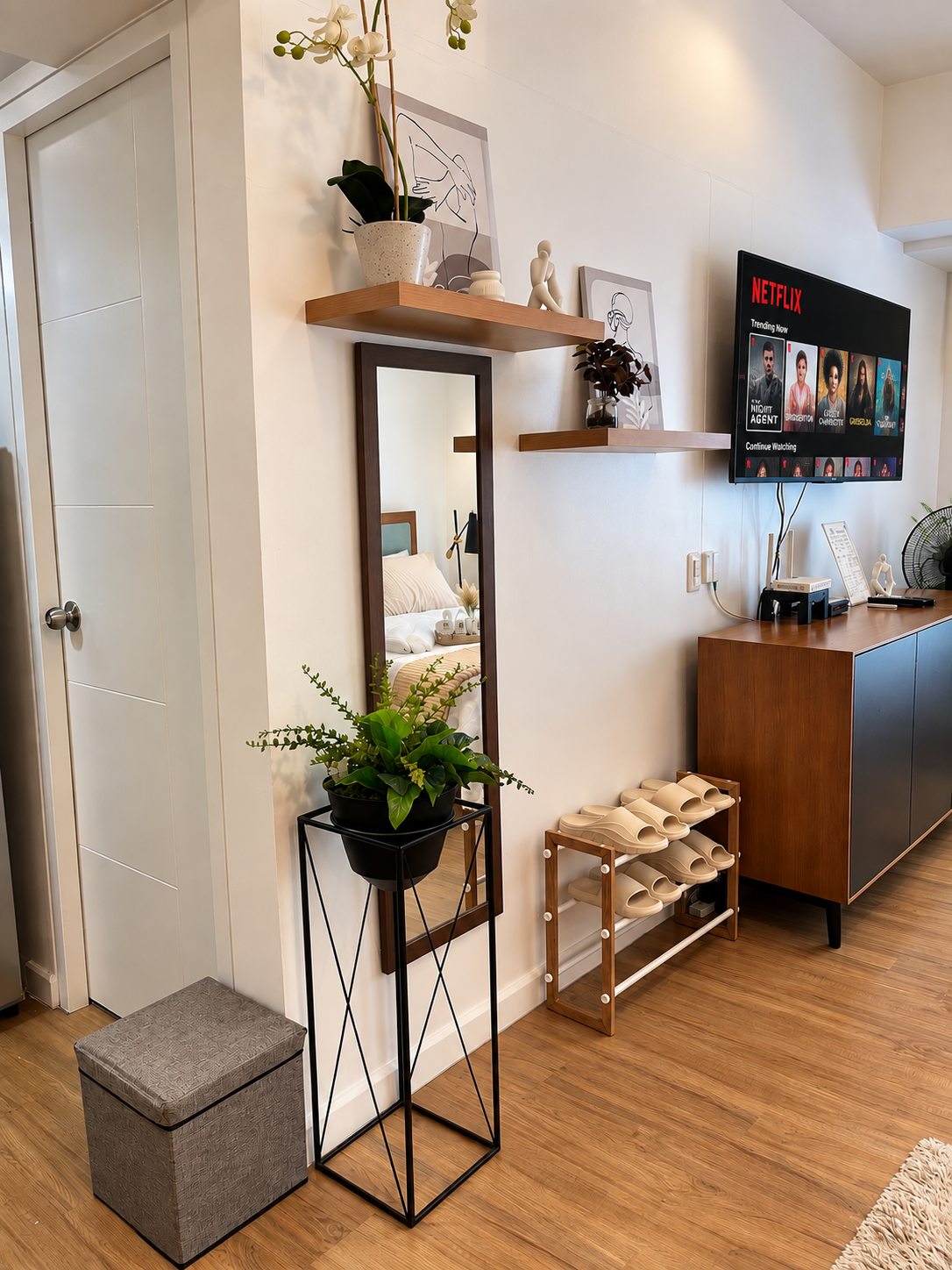 Casa Tresoria entry area with mirror, shoe rack, television, storage cabinet, and plants
