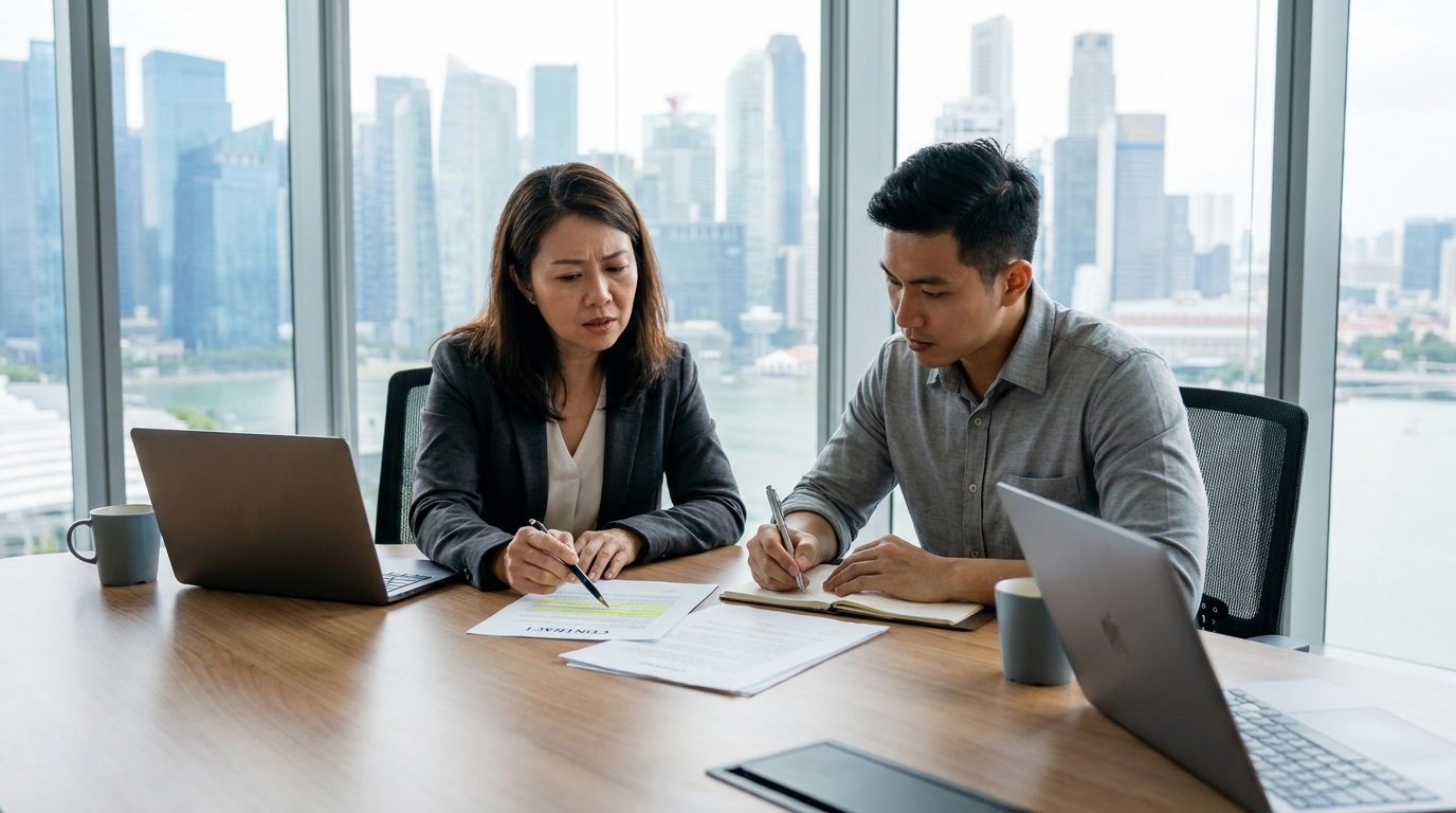 Manager discussing contract concerns with contractor in office