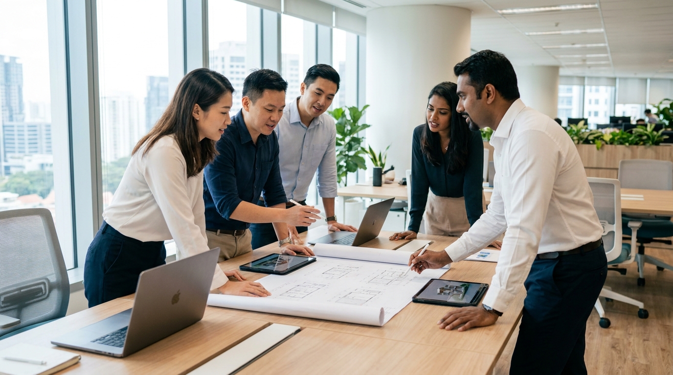 Office workers planning workspace layout at collaborative desk.