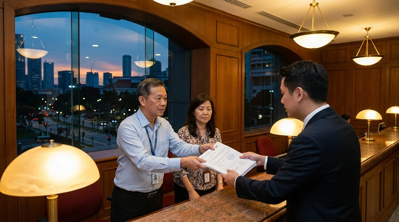 Contractor receiving approved renovation permits at counter.