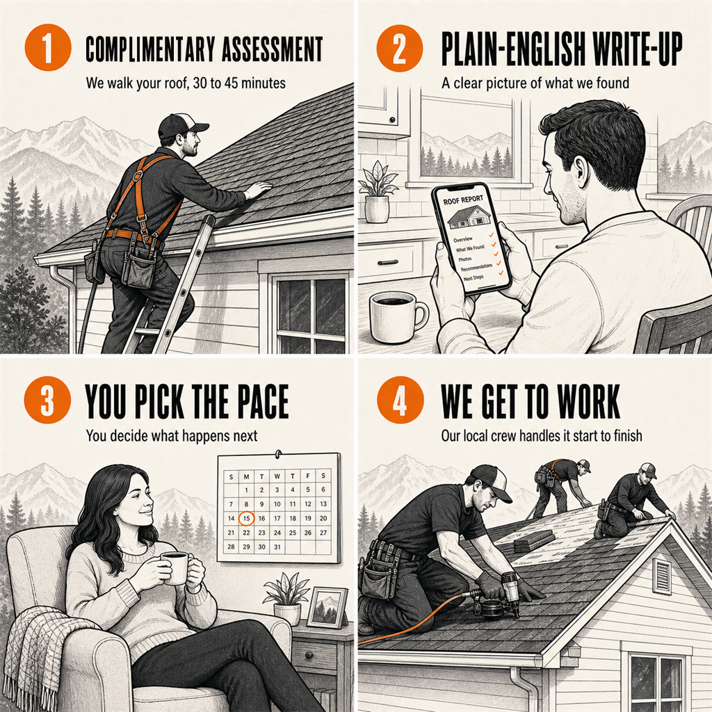 Four steps of a Foothill Roofing assessment: free assessment where we walk your roof in 30 to 45 minutes, a plain-English write-up of what we found, you pick the pace, then our local crew gets to work start to finish