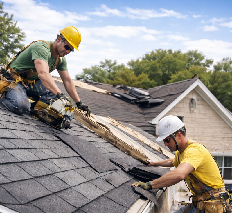 2 roofers repairing resiential roof