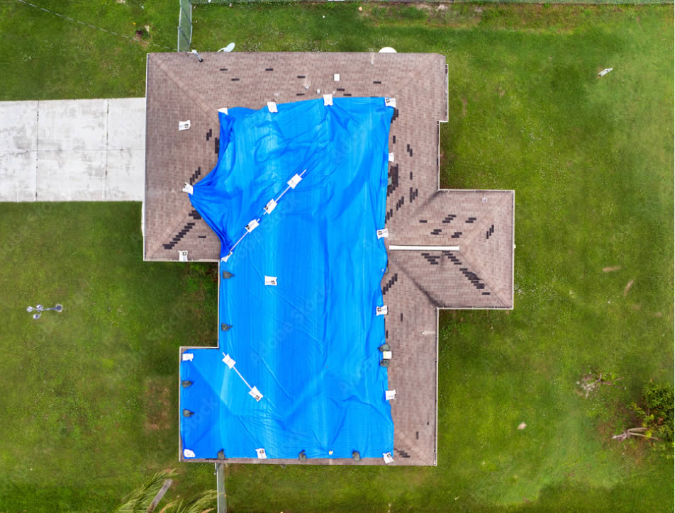 Residential roof tarped to minimize leaking after storm