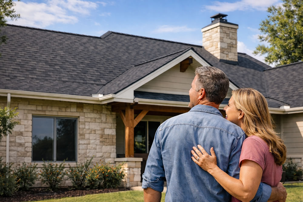 Hoeowners admiring their beautiful new roof