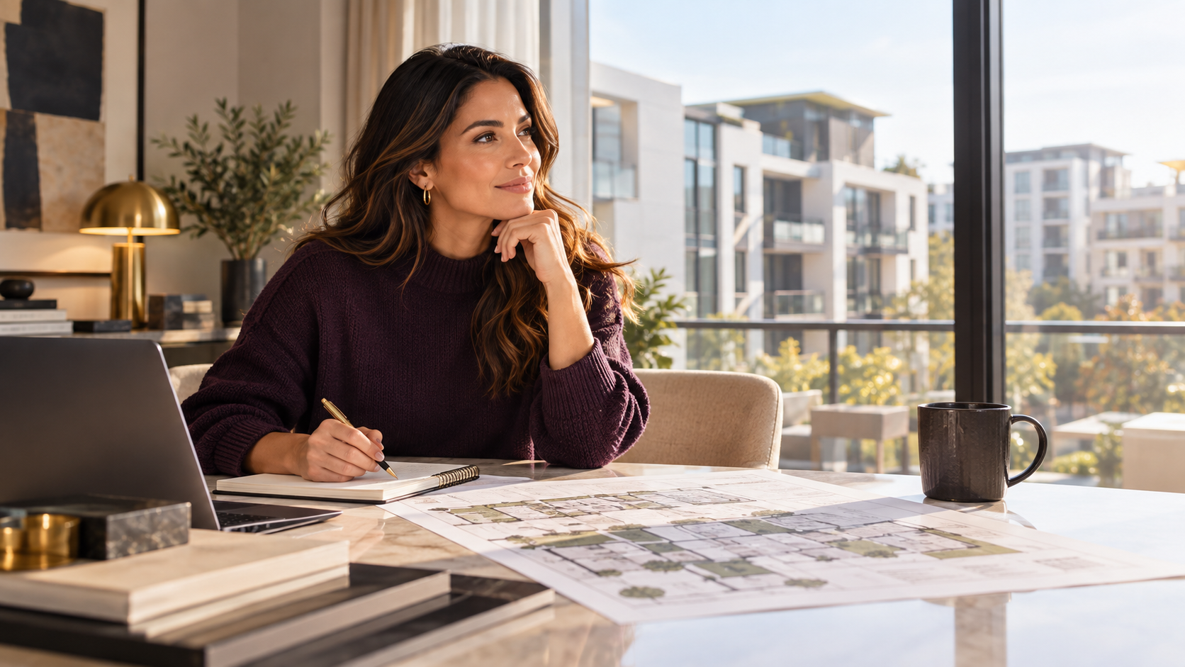 A professional studying a real estate plan beside a multifamily property