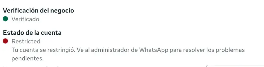 Panel de Meta con verificación del negocio Verificado y estado de la cuenta de WhatsApp Restricted